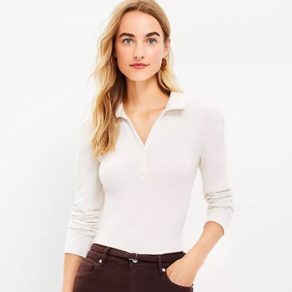 LOFT 2023 Cozy Ribbed Puff Sleeve Polo Top Henley Lightweight Sweater Beige Larg - Picture 1 of 10